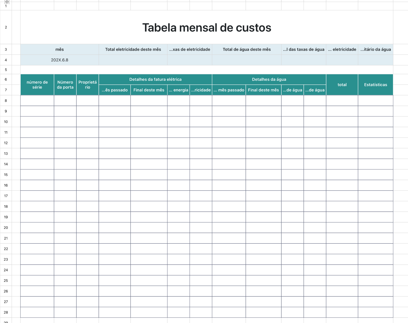 Tabela mensal de custos